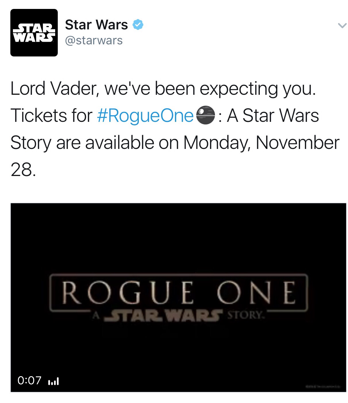 Star Wars Rogue One Tickets On Sale Monday, November 28th at 12:01AM
